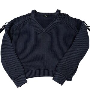 Fate Sweater Womens Medium Navy Blue V Neck Lace Up Sleeve Cotton Knit Ribbed
